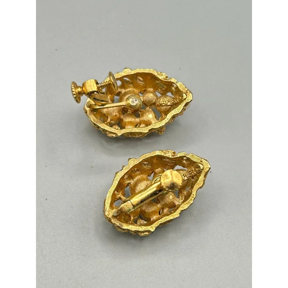 Vintage Napier Gold Tone Clip On Earrings with Faux Pearls Cluster - Picture 6 of 7